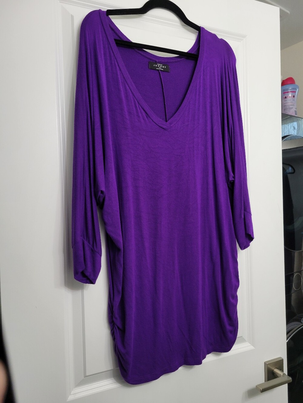 Made by Johnny Purple V-Neck, Sinched Sides, 3/4 Sleeve Tunic, Size 3XL